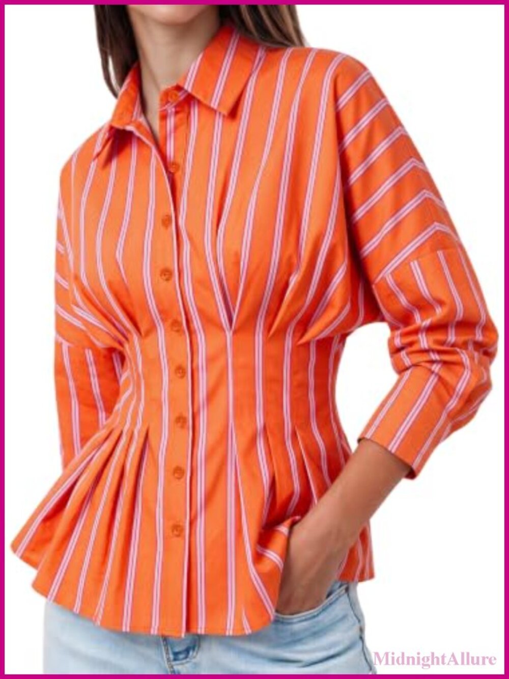 Women's Striped Button Down Blouse with Cinched Waist and Peplum Hem - Long
